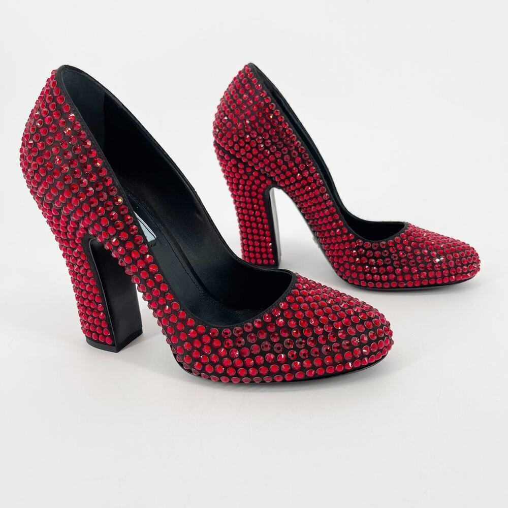 Prada Red Crystal Covered Satin Block Heel Ruby Slipper Pumps IT 37.5 Runway - Picture 3 of 12